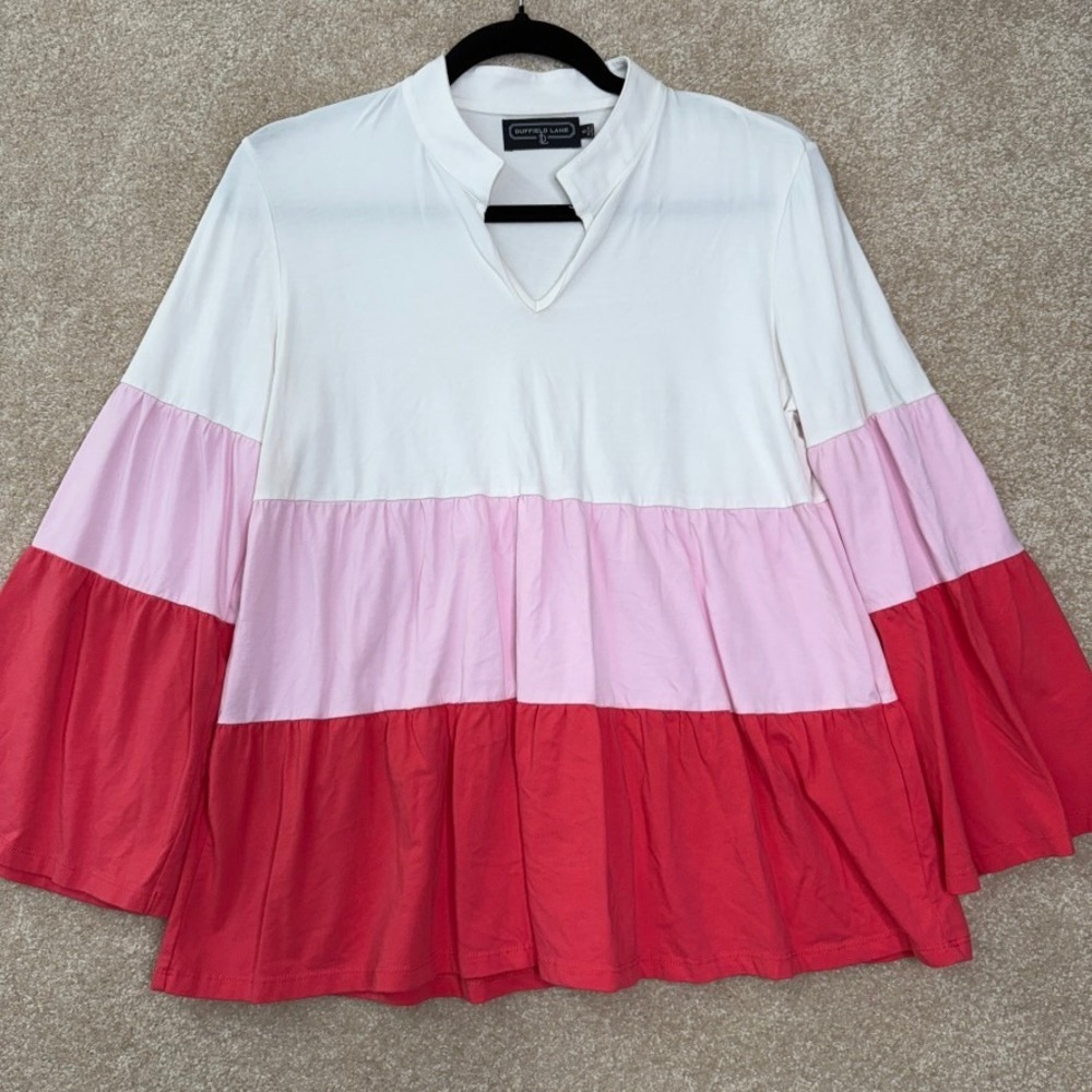 DUFFIELD LANE Tate Top Women's Small Pink White‎ Colorblock Tiered Ruffle Preppy